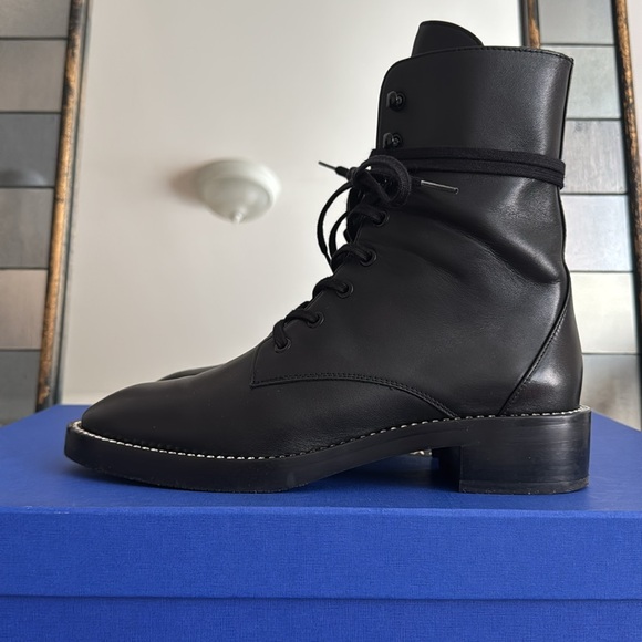 Stuart Weitzman Sondra Smooth Black Leather Combat Boots - Picture 6 of 8